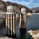A bathtub ring of light minerals shows the high water mark of the reservoir which has shrunk to its lowest point on the Colorado River, as seen from the Hoover Dam.